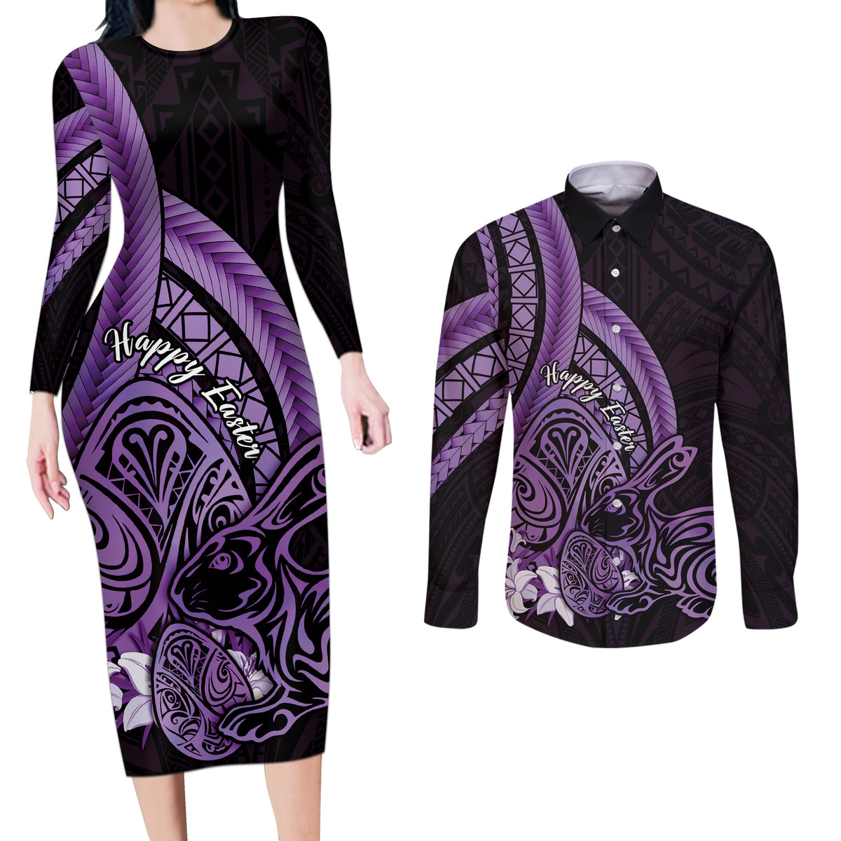 Purple Polynesia Easter Day Couples Matching Long Sleeve Bodycon Dress and Long Sleeve Button Shirt Eggs With Bunny Polynesian Pattern LT14 Purple - Polynesian Pride