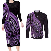 Purple Polynesia Easter Day Couples Matching Long Sleeve Bodycon Dress and Long Sleeve Button Shirt Eggs With Bunny Polynesian Pattern LT14 Purple - Polynesian Pride