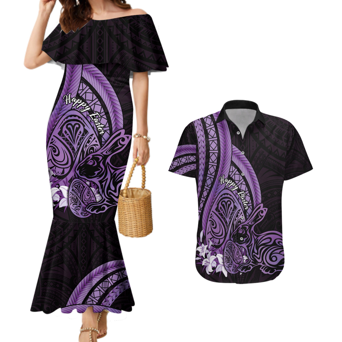 Purple Polynesia Easter Day Couples Matching Mermaid Dress and Hawaiian Shirt Eggs With Bunny Polynesian Pattern