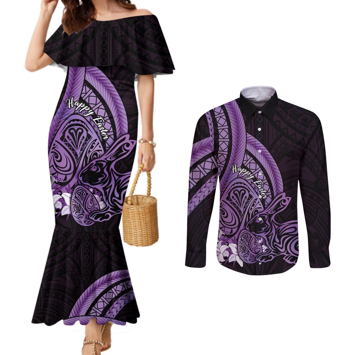 Purple Polynesia Easter Day Couples Matching Mermaid Dress and Long Sleeve Button Shirt Eggs With Bunny Polynesian Pattern LT14 Purple - Polynesian Pride