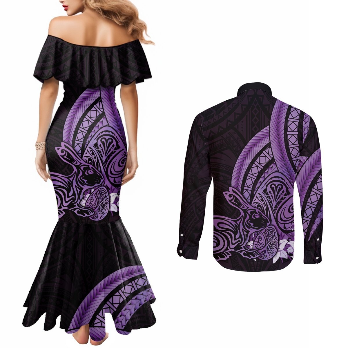 Purple Polynesia Easter Day Couples Matching Mermaid Dress and Long Sleeve Button Shirt Eggs With Bunny Polynesian Pattern LT14 - Polynesian Pride