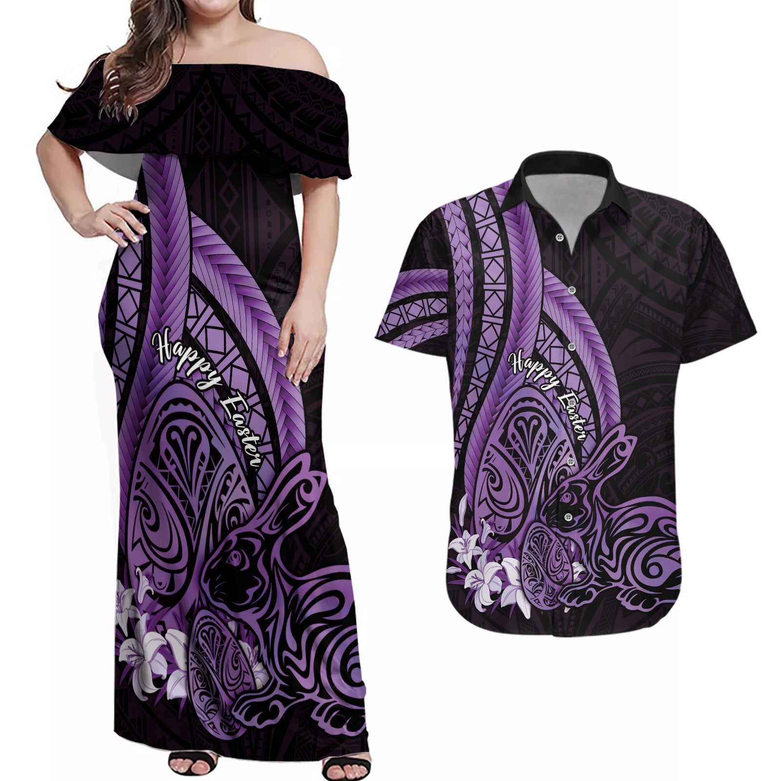 Purple Polynesia Easter Day Couples Matching Off Shoulder Maxi Dress and Hawaiian Shirt Eggs With Bunny Polynesian Pattern