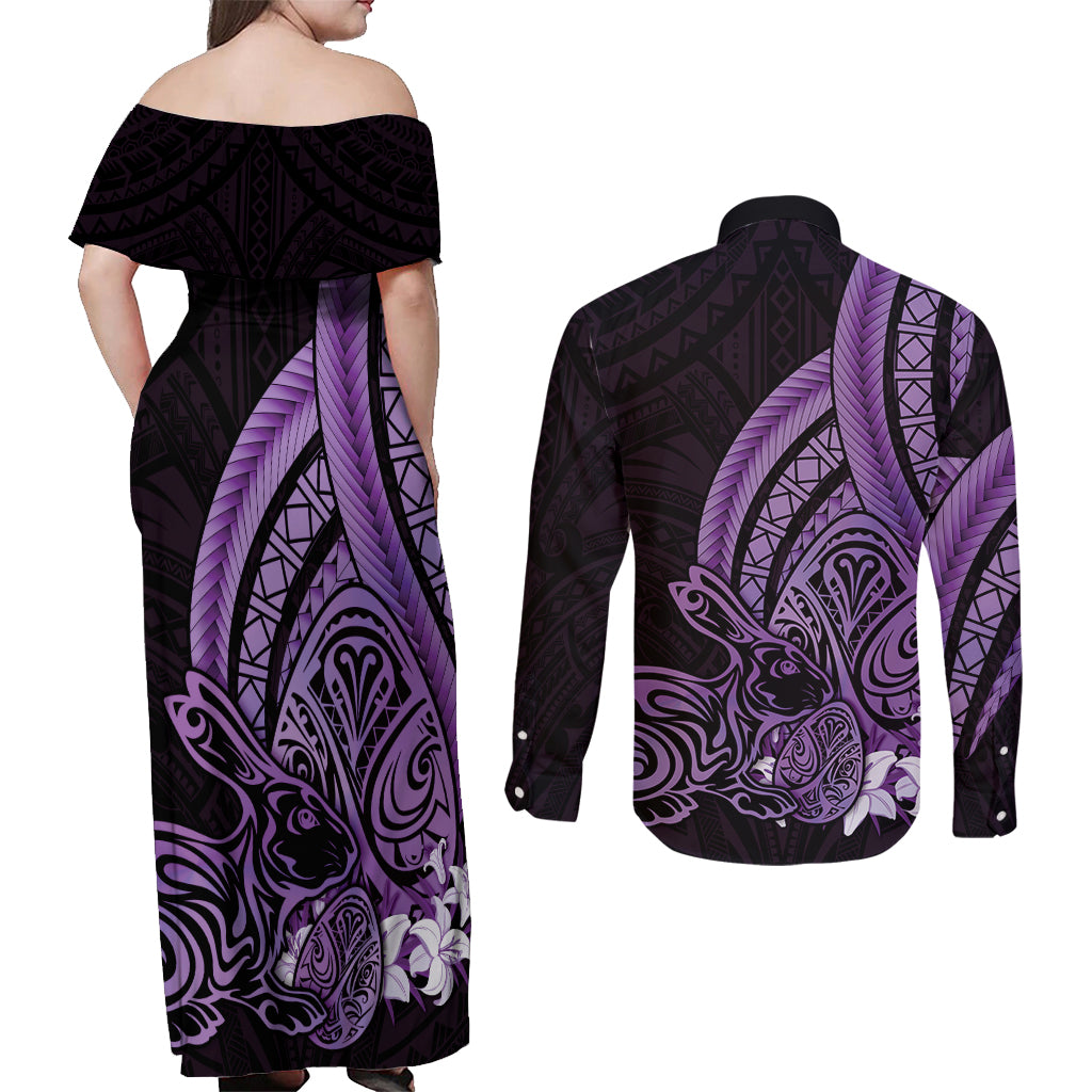 Purple Polynesia Easter Day Couples Matching Off Shoulder Maxi Dress and Long Sleeve Button Shirt Eggs With Bunny Polynesian Pattern LT14 - Polynesian Pride
