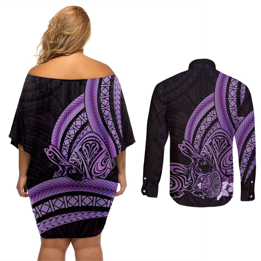 Purple Polynesia Easter Day Couples Matching Off Shoulder Short Dress and Long Sleeve Button Shirt Eggs With Bunny Polynesian Pattern LT14 - Polynesian Pride