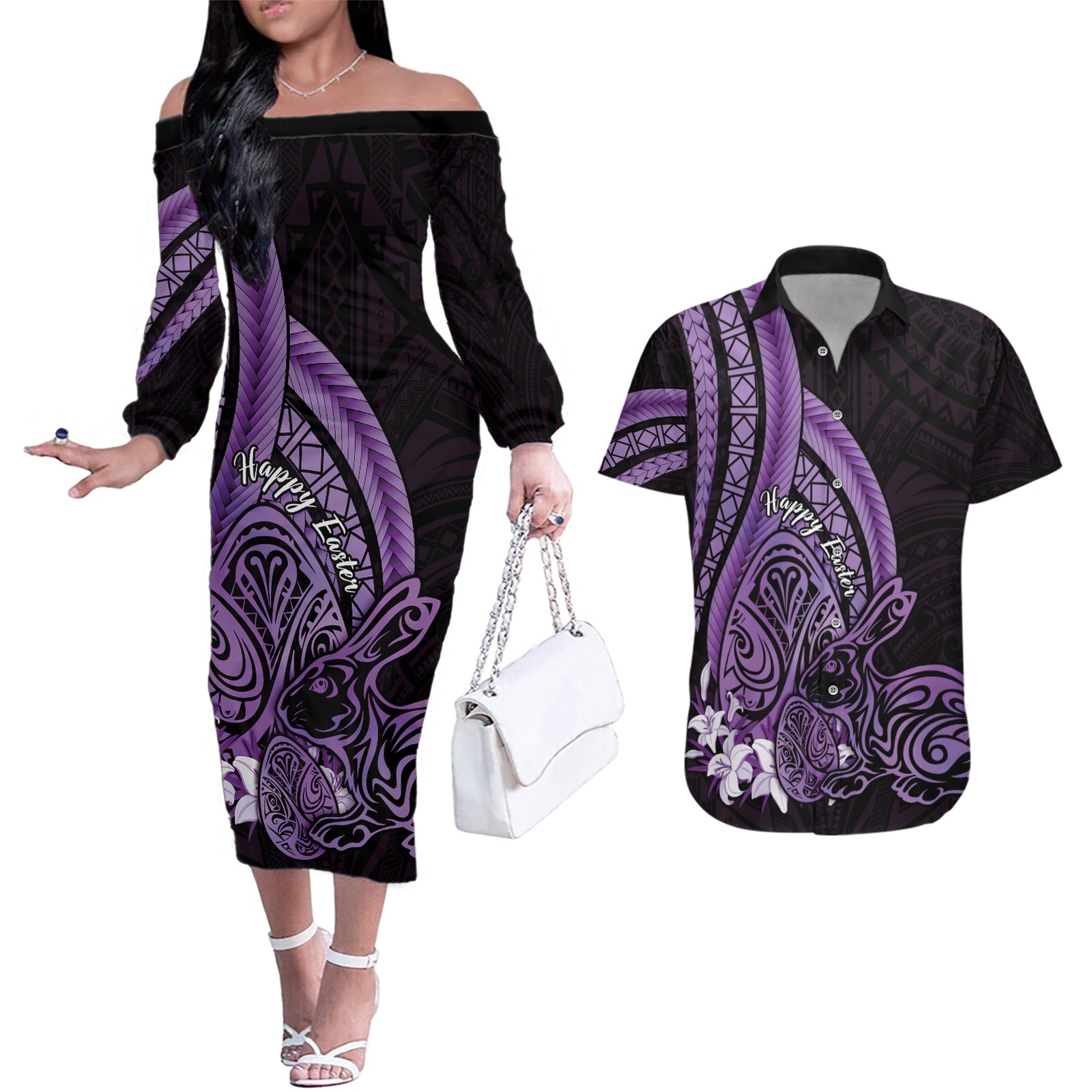 Purple Polynesia Easter Day Couples Matching Off The Shoulder Long Sleeve Dress and Hawaiian Shirt Eggs With Bunny Polynesian Pattern LT14 Purple - Polynesian Pride