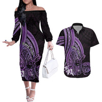 Purple Polynesia Easter Day Couples Matching Off The Shoulder Long Sleeve Dress and Hawaiian Shirt Eggs With Bunny Polynesian Pattern LT14 Purple - Polynesian Pride
