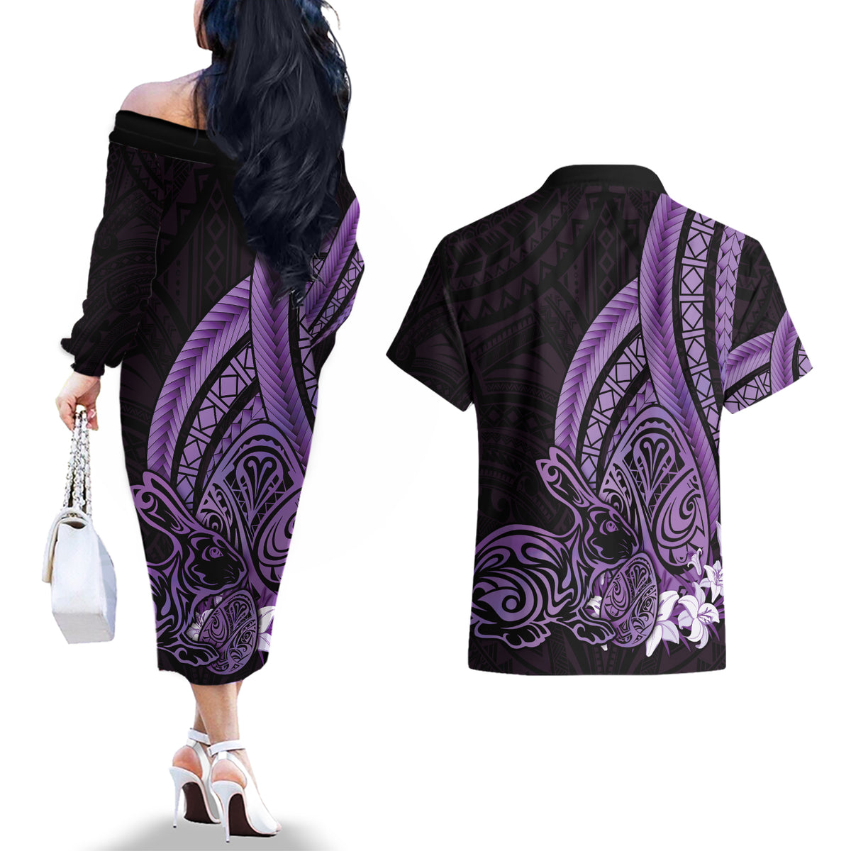 Purple Polynesia Easter Day Couples Matching Off The Shoulder Long Sleeve Dress and Hawaiian Shirt Eggs With Bunny Polynesian Pattern LT14 - Polynesian Pride