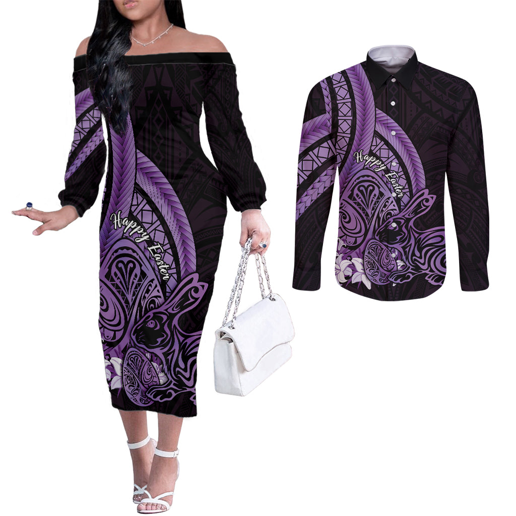 Purple Polynesia Easter Day Couples Matching Off The Shoulder Long Sleeve Dress and Long Sleeve Button Shirt Eggs With Bunny Polynesian Pattern LT14 Purple - Polynesian Pride