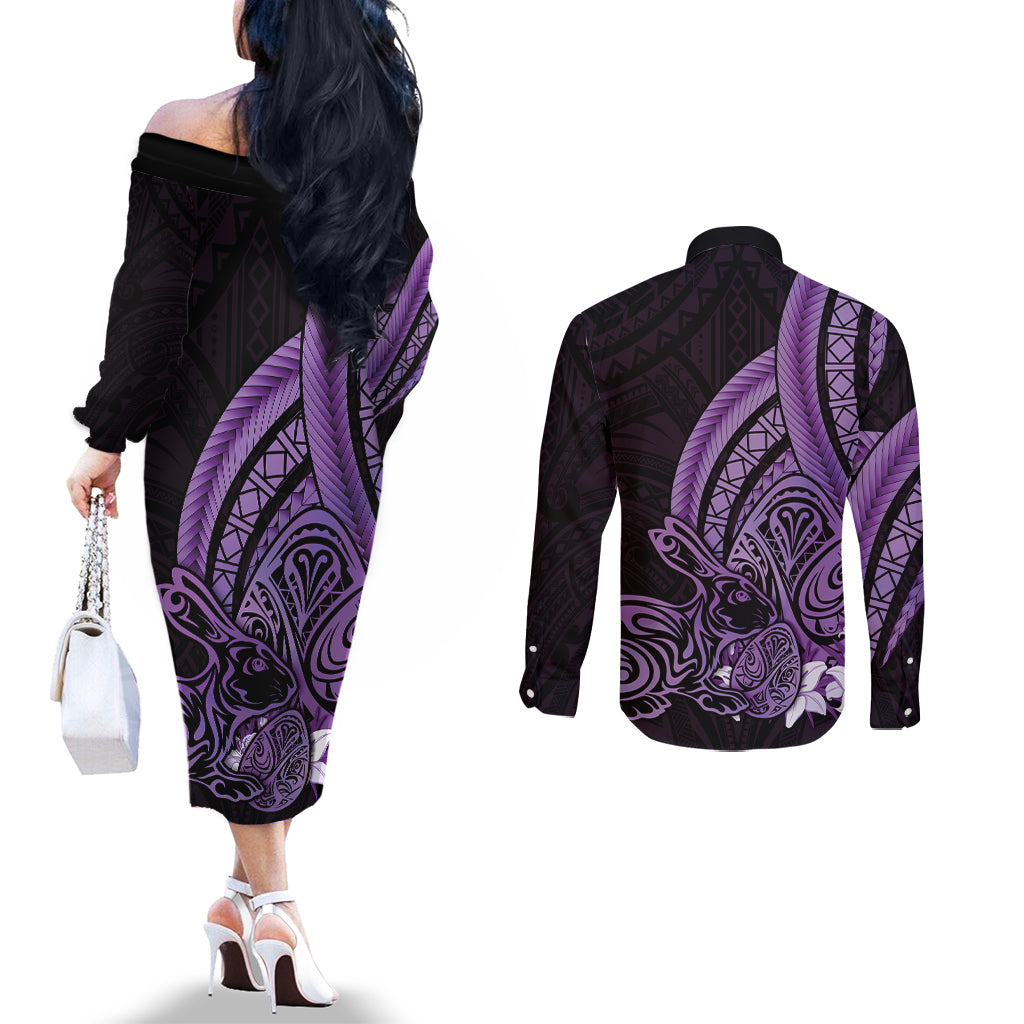 Purple Polynesia Easter Day Couples Matching Off The Shoulder Long Sleeve Dress and Long Sleeve Button Shirt Eggs With Bunny Polynesian Pattern LT14 - Polynesian Pride