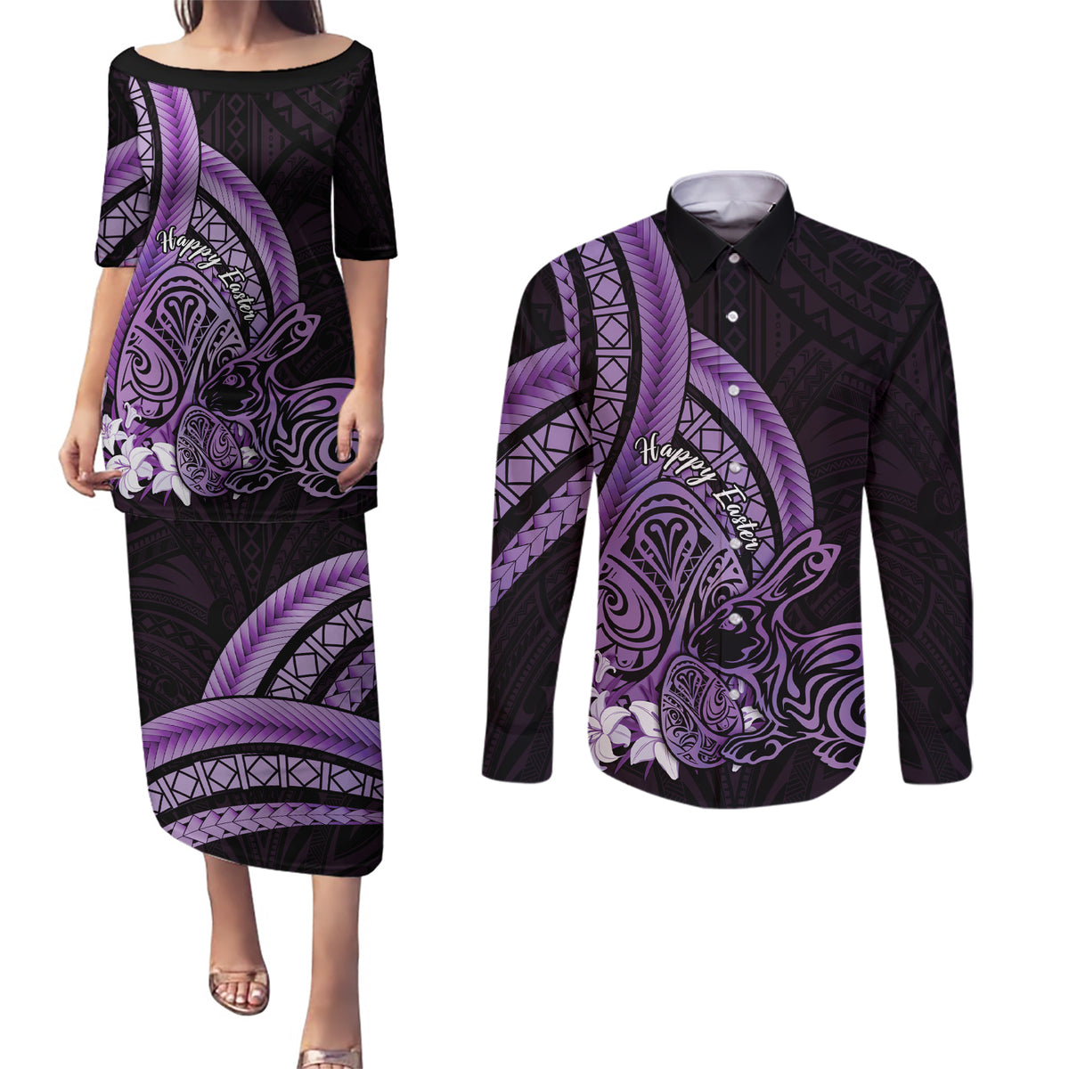 Purple Polynesia Easter Day Couples Matching Puletasi and Long Sleeve Button Shirt Eggs With Bunny Polynesian Pattern LT14 Purple - Polynesian Pride