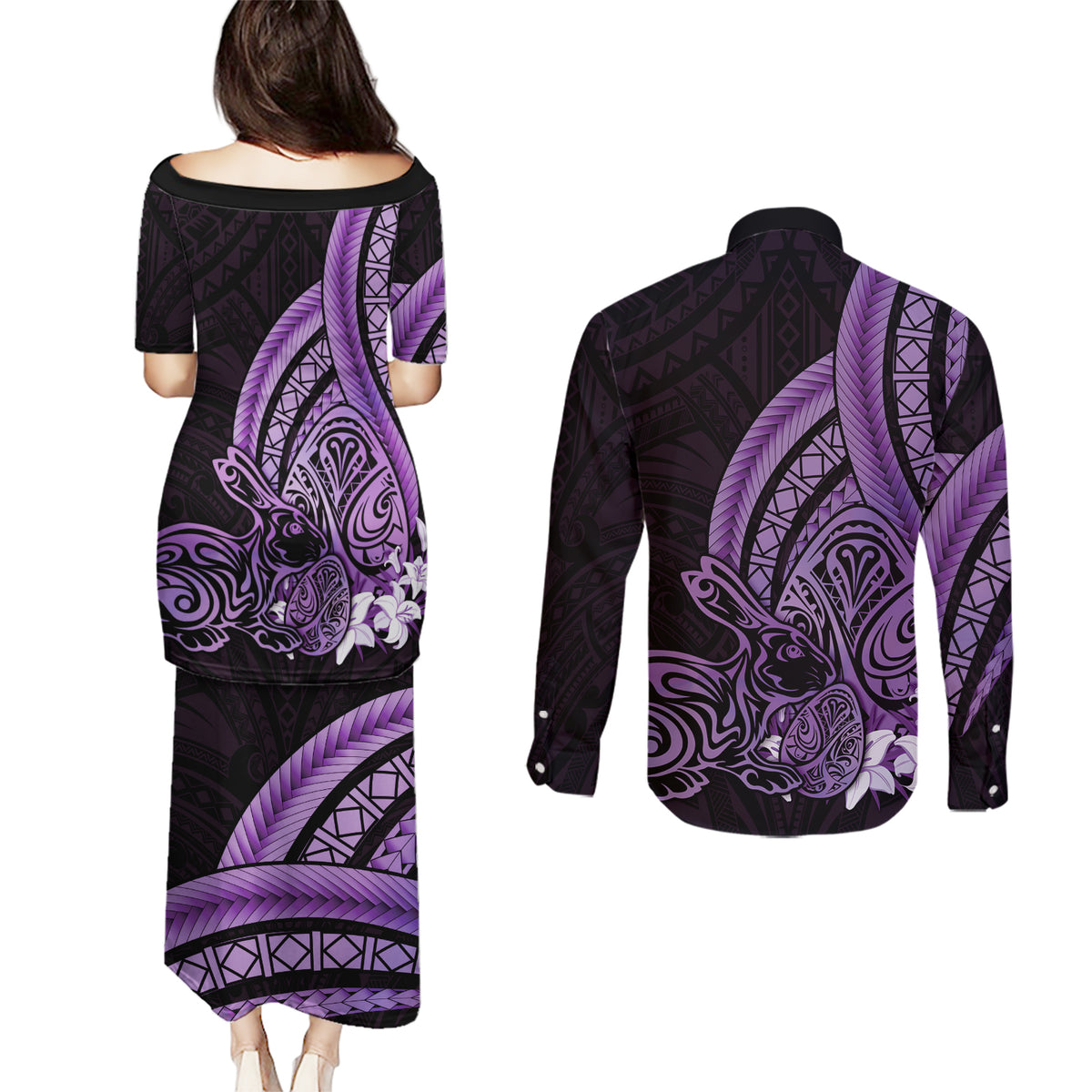 Purple Polynesia Easter Day Couples Matching Puletasi and Long Sleeve Button Shirt Eggs With Bunny Polynesian Pattern LT14 - Polynesian Pride