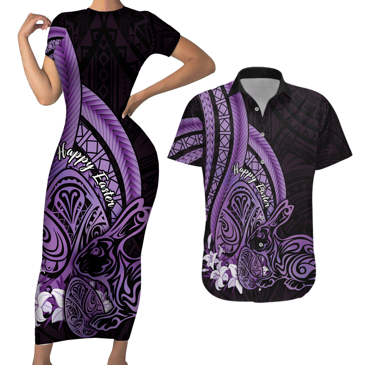 Purple Polynesia Easter Day Couples Matching Short Sleeve Bodycon Dress and Hawaiian Shirt Eggs With Bunny Polynesian Pattern LT14 Purple - Polynesian Pride