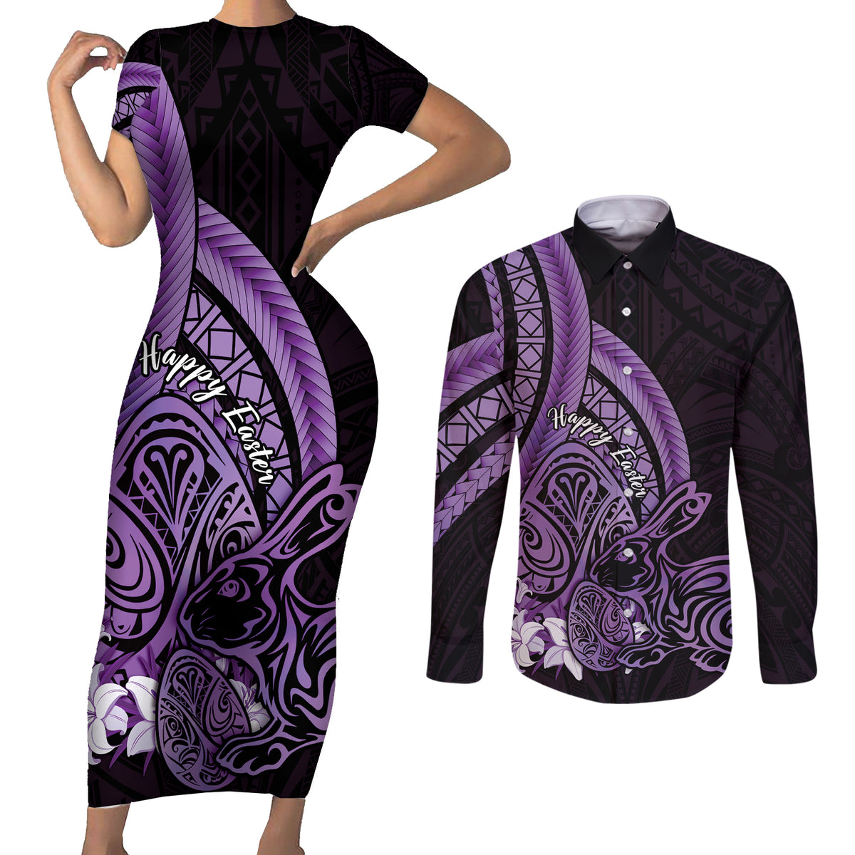 Purple Polynesia Easter Day Couples Matching Short Sleeve Bodycon Dress and Long Sleeve Button Shirt Eggs With Bunny Polynesian Pattern LT14 Purple - Polynesian Pride