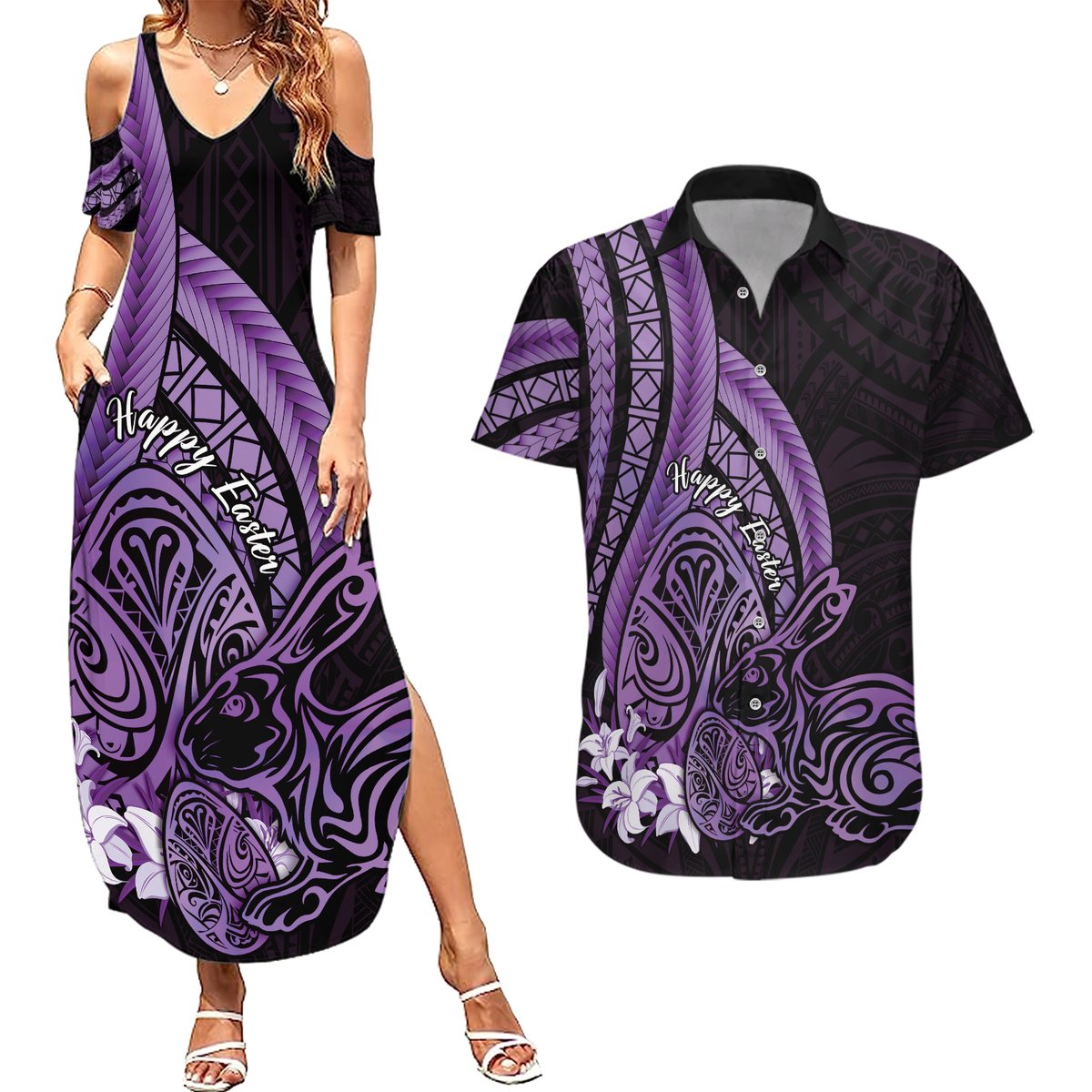 Purple Polynesia Easter Day Couples Matching Summer Maxi Dress and Hawaiian Shirt Eggs With Bunny Polynesian Pattern LT14 Purple - Polynesian Pride