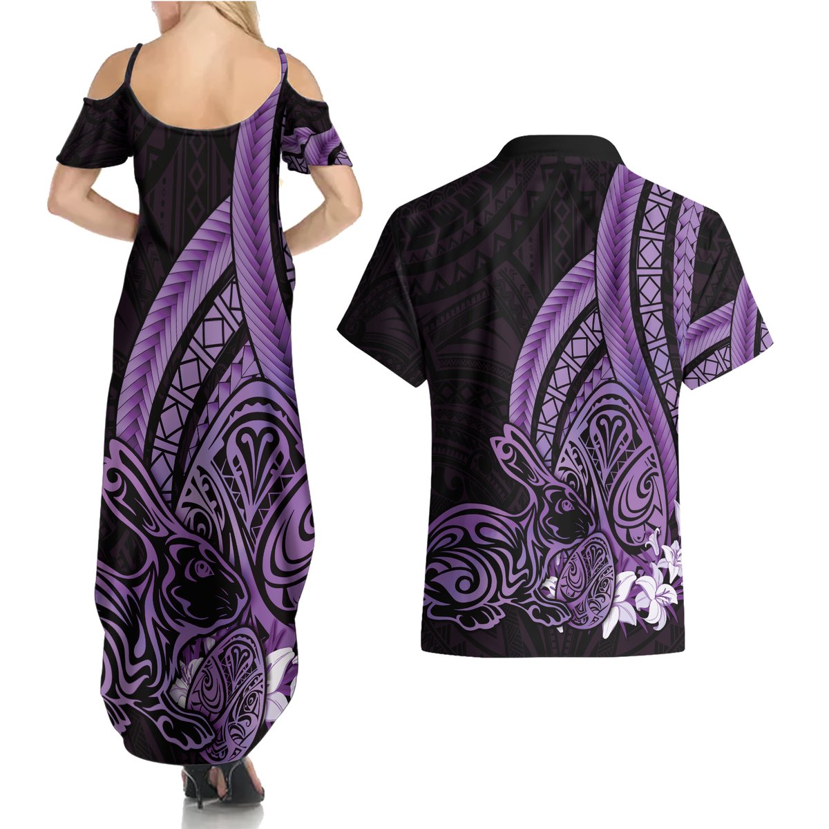 Purple Polynesia Easter Day Couples Matching Summer Maxi Dress and Hawaiian Shirt Eggs With Bunny Polynesian Pattern LT14 - Polynesian Pride