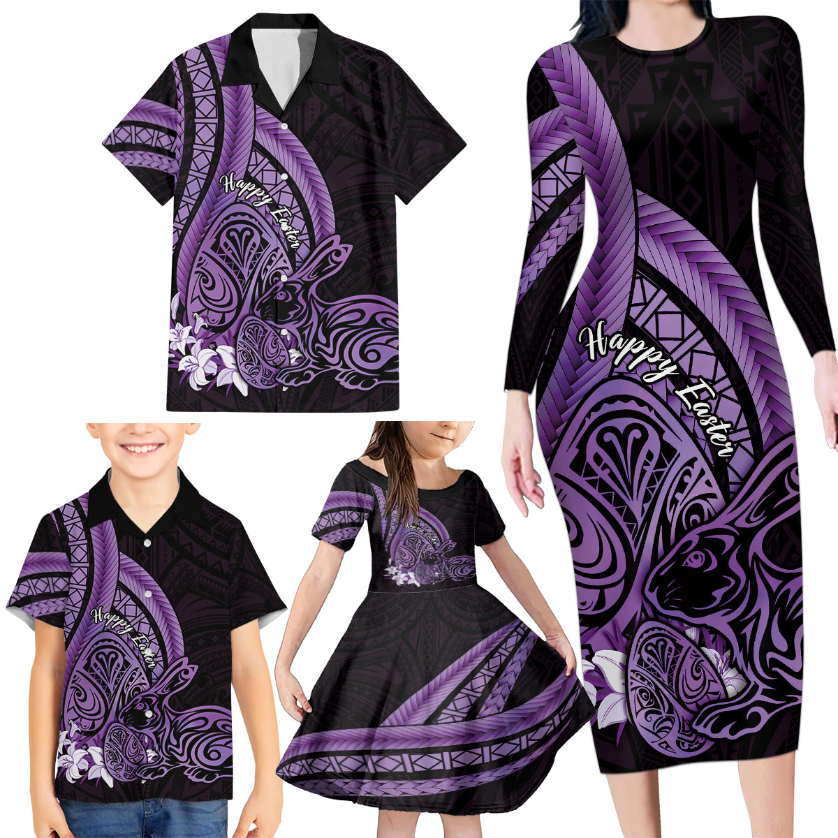 Purple Polynesia Easter Day Family Matching Long Sleeve Bodycon Dress and Hawaiian Shirt Eggs With Bunny Polynesian Pattern LT14 - Polynesian Pride
