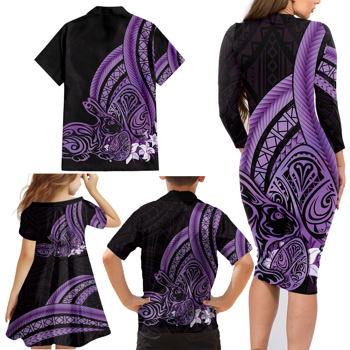 Purple Polynesia Easter Day Family Matching Long Sleeve Bodycon Dress and Hawaiian Shirt Eggs With Bunny Polynesian Pattern LT14 - Polynesian Pride