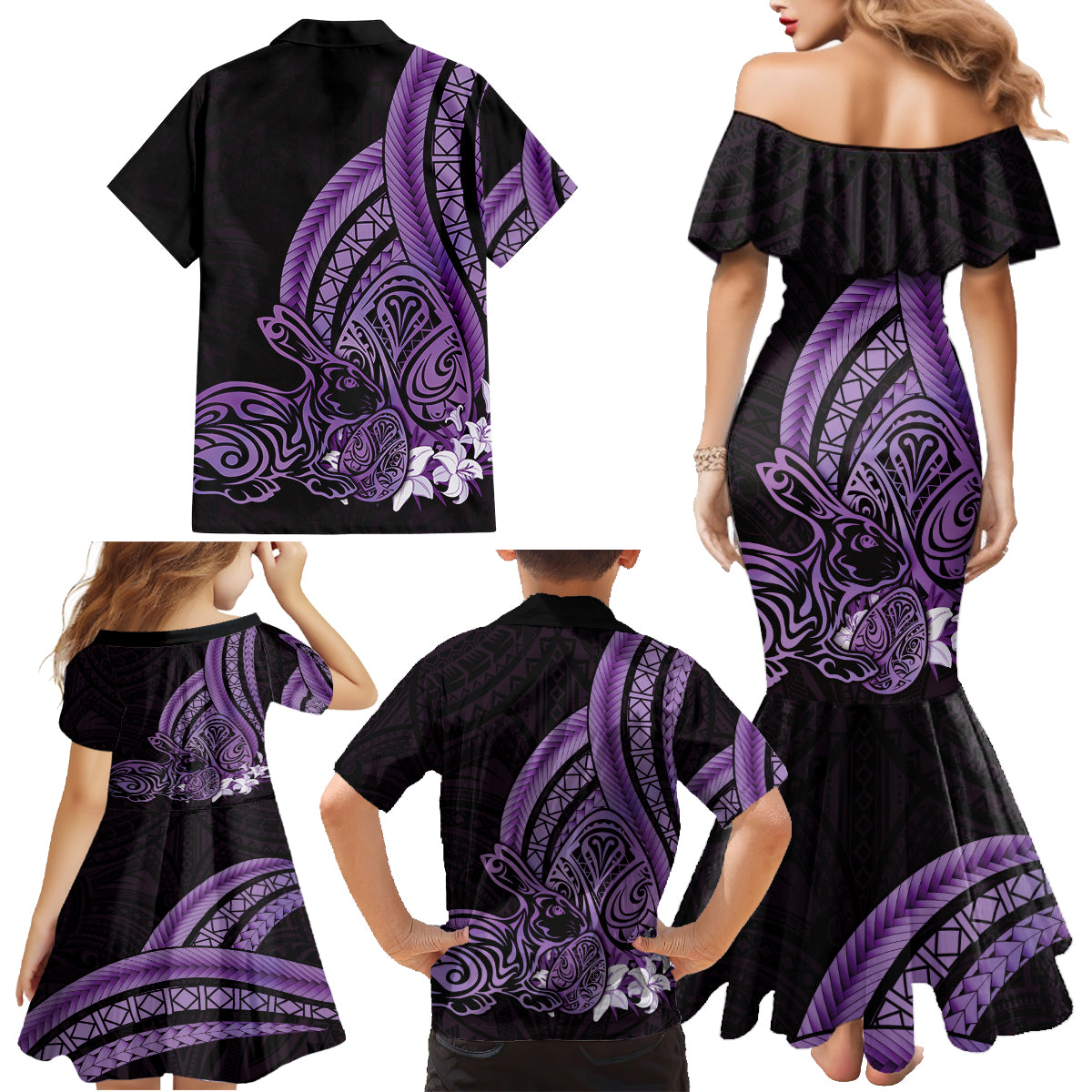 Purple Polynesia Easter Day Family Matching Mermaid Dress and Hawaiian Shirt Eggs With Bunny Polynesian Pattern LT14 - Polynesian Pride