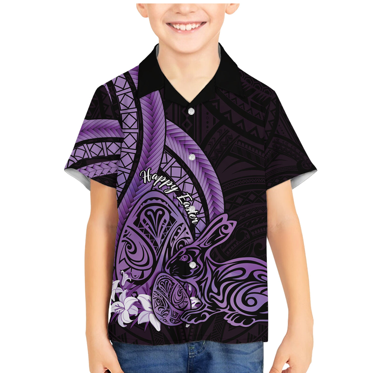 Purple Polynesia Easter Day Family Matching Mermaid Dress and Hawaiian Shirt Eggs With Bunny Polynesian Pattern LT14 Son's Shirt Purple - Polynesian Pride