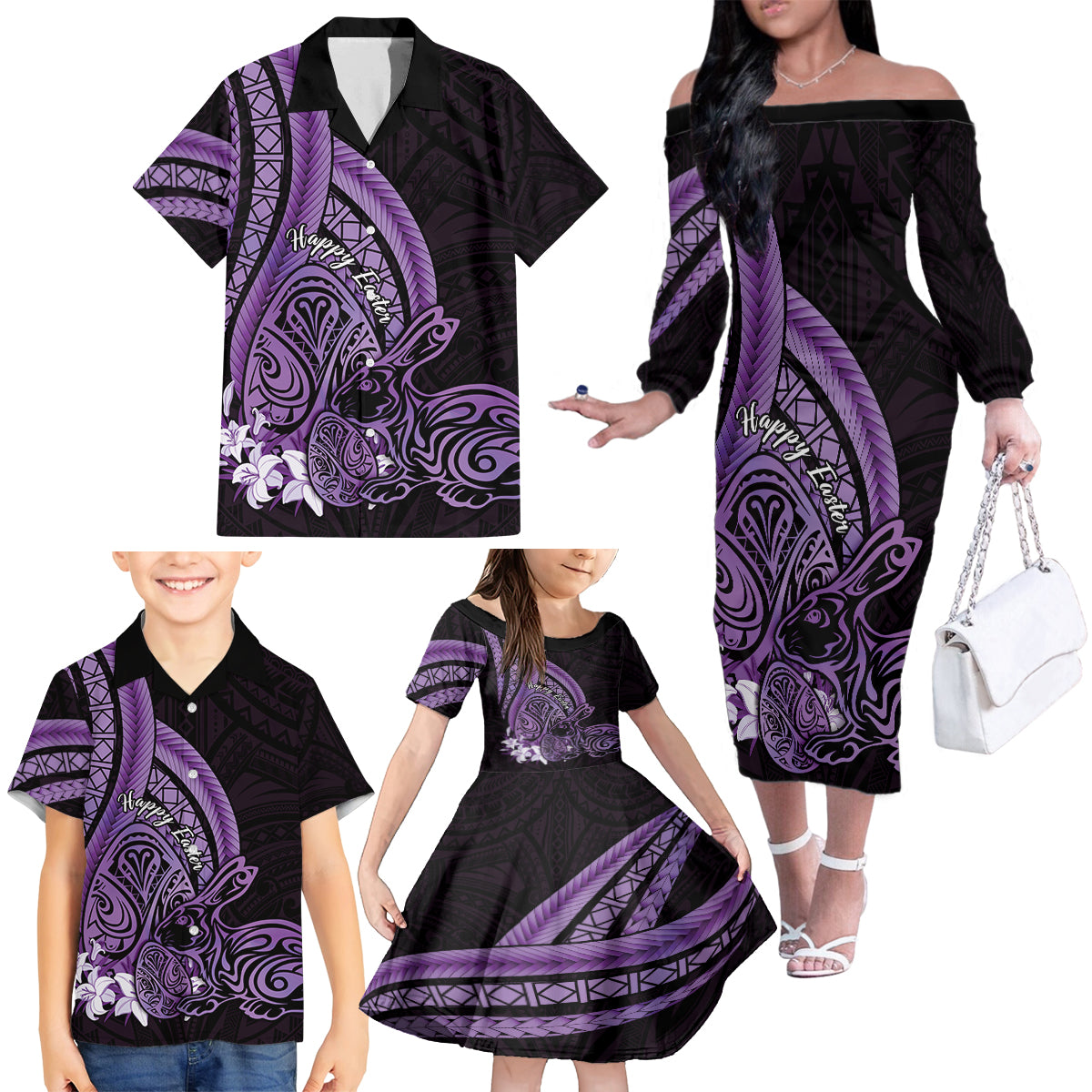 Purple Polynesia Easter Day Family Matching Off The Shoulder Long Sleeve Dress and Hawaiian Shirt Eggs With Bunny Polynesian Pattern