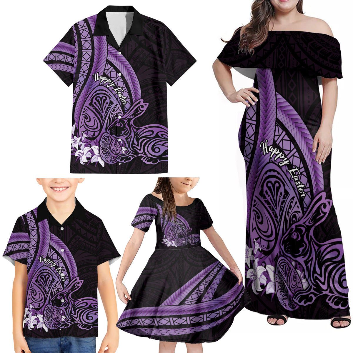 Purple Polynesia Easter Day Family Matching Off Shoulder Maxi Dress and Hawaiian Shirt Eggs With Bunny Polynesian Pattern LT14 - Polynesian Pride