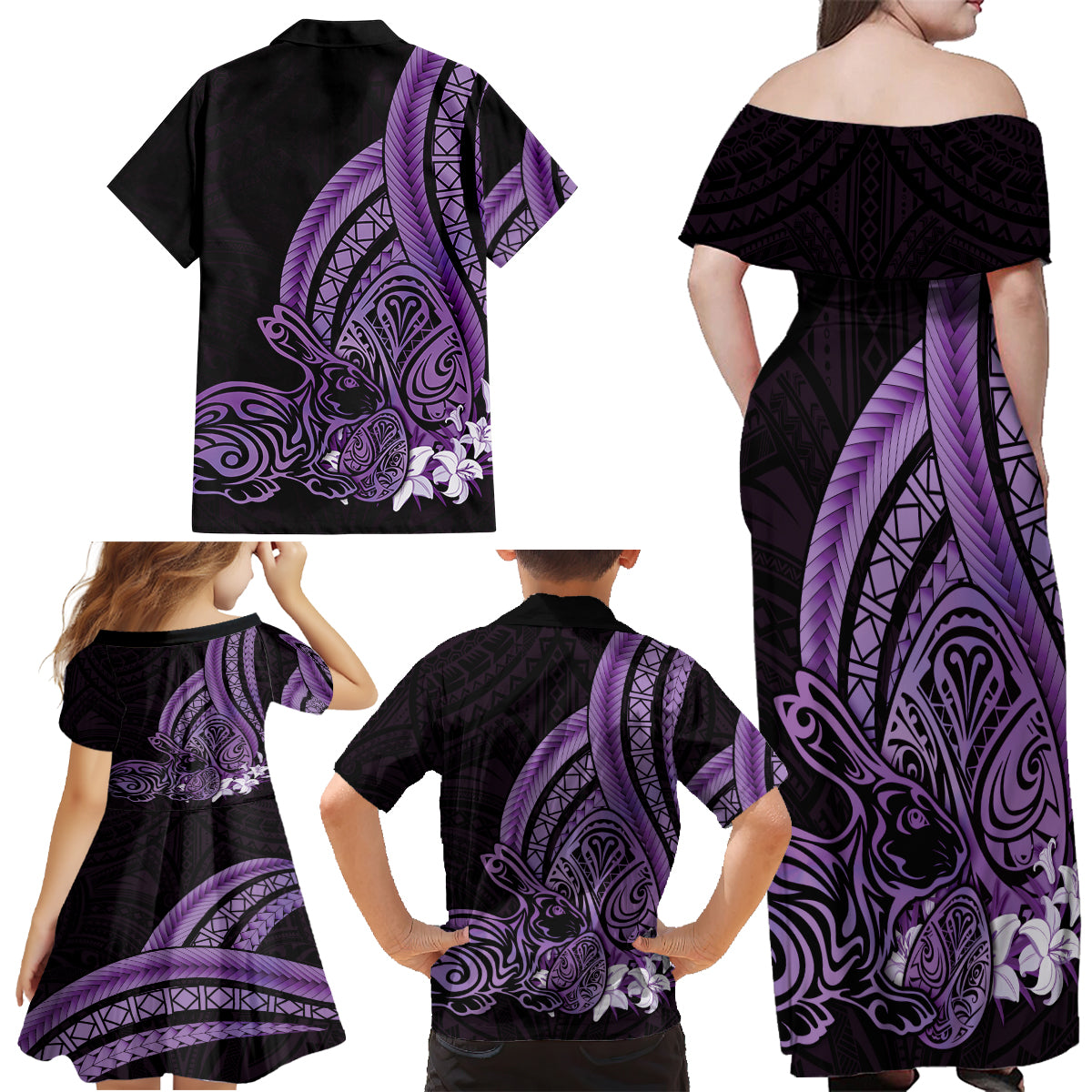 Purple Polynesia Easter Day Family Matching Off Shoulder Maxi Dress and Hawaiian Shirt Eggs With Bunny Polynesian Pattern LT14 - Polynesian Pride