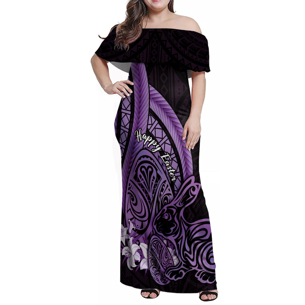 Purple Polynesia Easter Day Family Matching Off Shoulder Maxi Dress and Hawaiian Shirt Eggs With Bunny Polynesian Pattern LT14 Mom's Dress Purple - Polynesian Pride