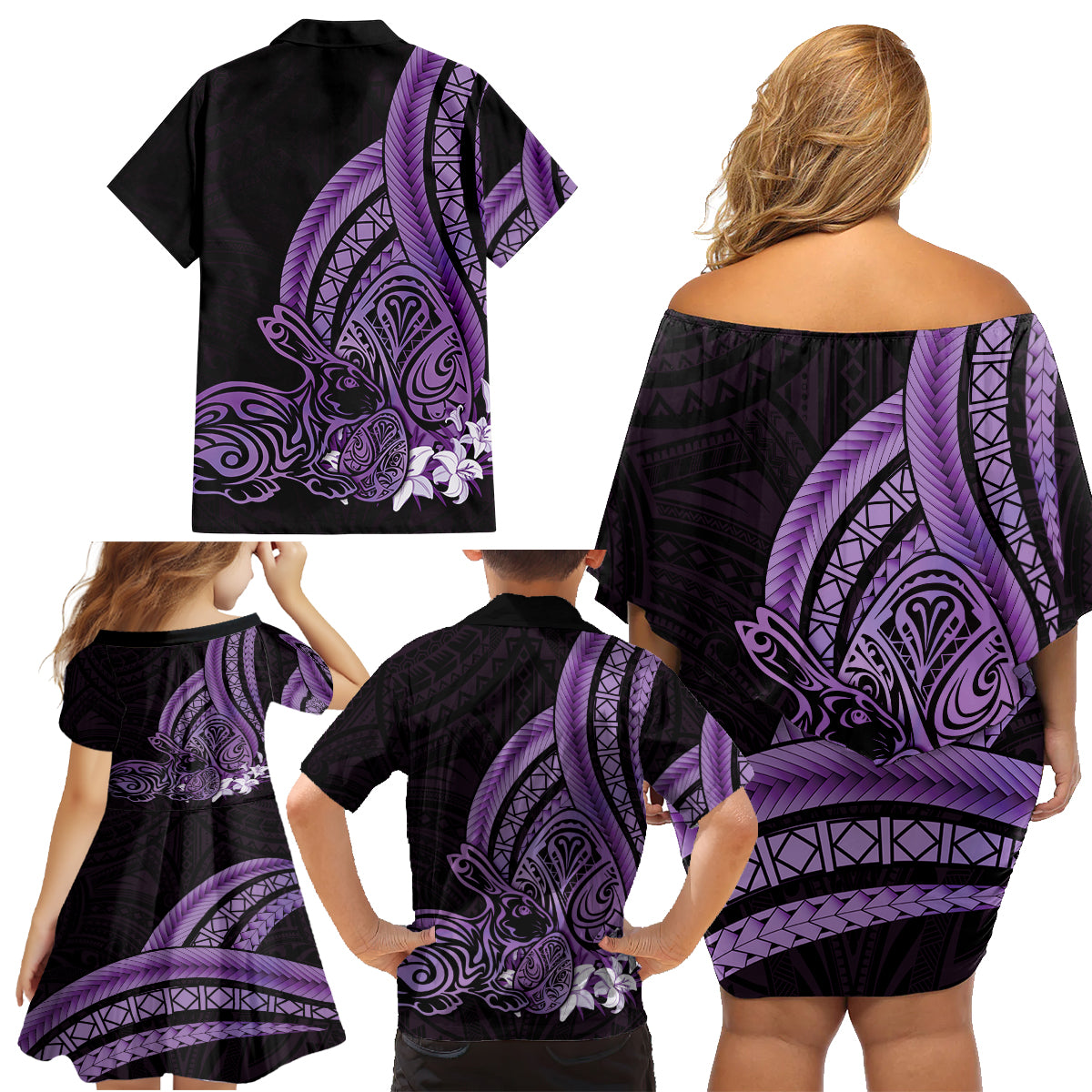 Purple Polynesia Easter Day Family Matching Off Shoulder Short Dress and Hawaiian Shirt Eggs With Bunny Polynesian Pattern LT14 - Polynesian Pride