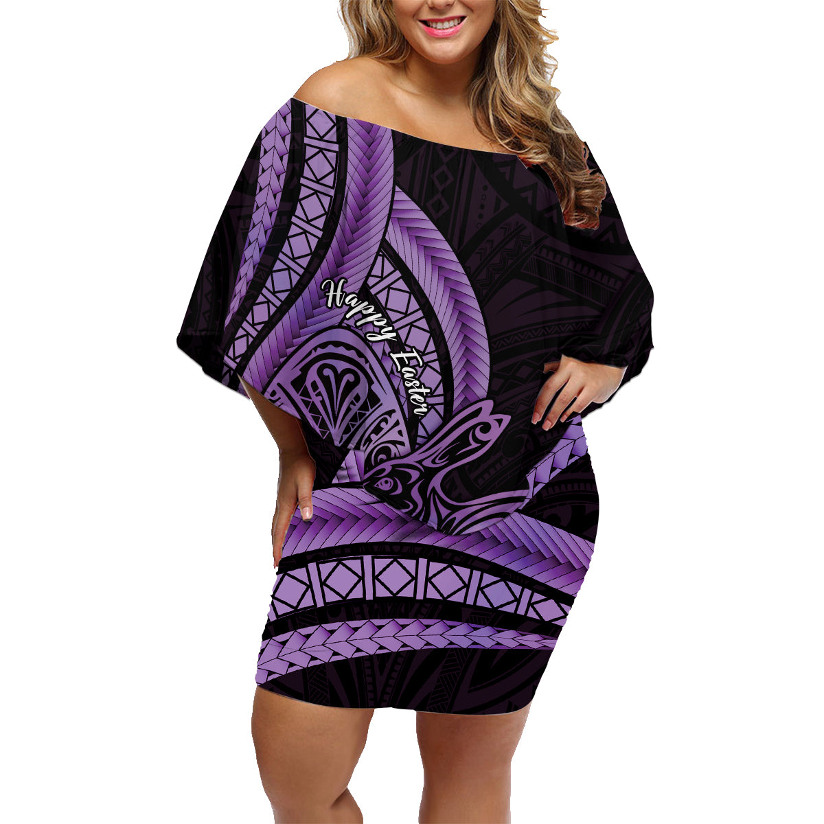 Purple Polynesia Easter Day Family Matching Off Shoulder Short Dress and Hawaiian Shirt Eggs With Bunny Polynesian Pattern LT14 Mom's Dress Purple - Polynesian Pride