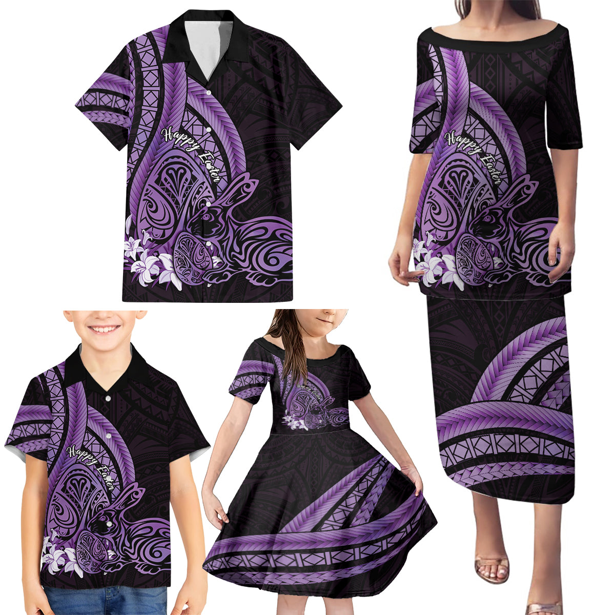 Purple Polynesia Easter Day Family Matching Puletasi and Hawaiian Shirt Eggs With Bunny Polynesian Pattern