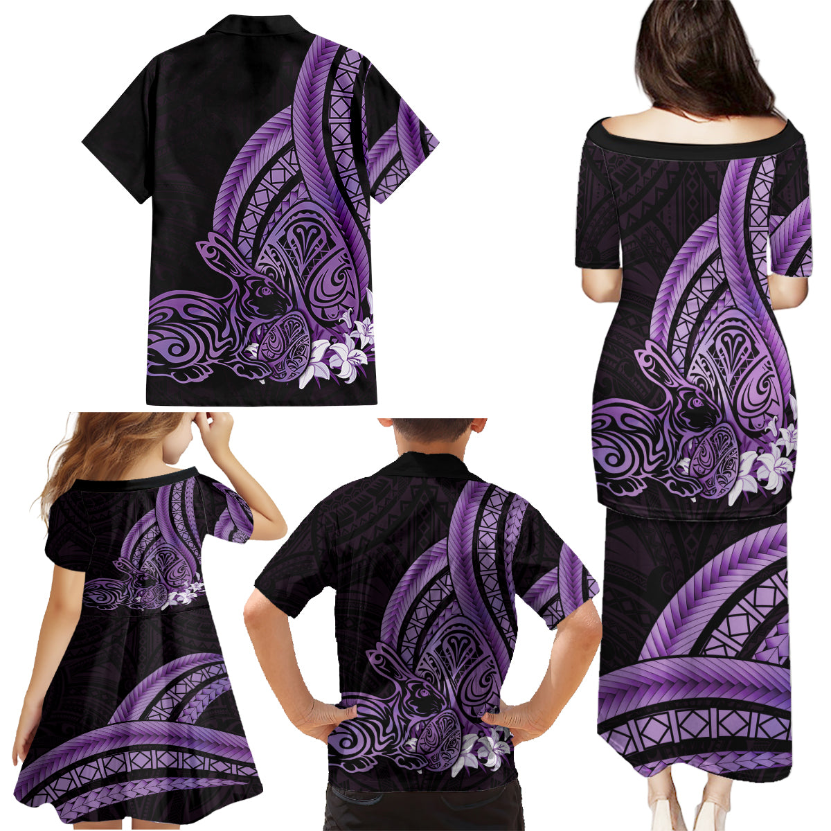 Purple Polynesia Easter Day Family Matching Puletasi and Hawaiian Shirt Eggs With Bunny Polynesian Pattern LT14 - Polynesian Pride