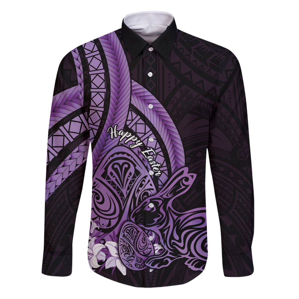 Purple Polynesia Easter Day Family Matching Puletasi and Hawaiian Shirt Eggs With Bunny Polynesian Pattern LT14 Dad's Shirt - Long Sleeve Purple - Polynesian Pride