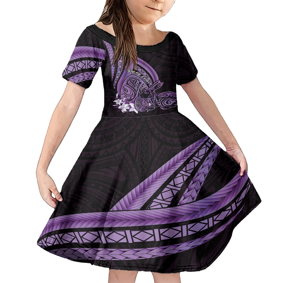 Purple Polynesia Easter Day Family Matching Short Sleeve Bodycon Dress and Hawaiian Shirt Eggs With Bunny Polynesian Pattern LT14 Daughter's Dress Purple - Polynesian Pride