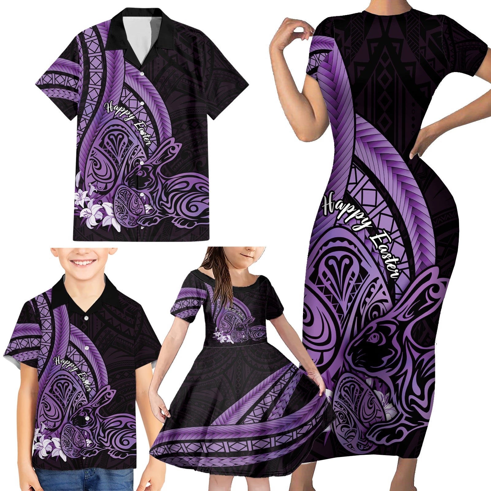 Purple Polynesia Easter Day Family Matching Short Sleeve Bodycon Dress and Hawaiian Shirt Eggs With Bunny Polynesian Pattern