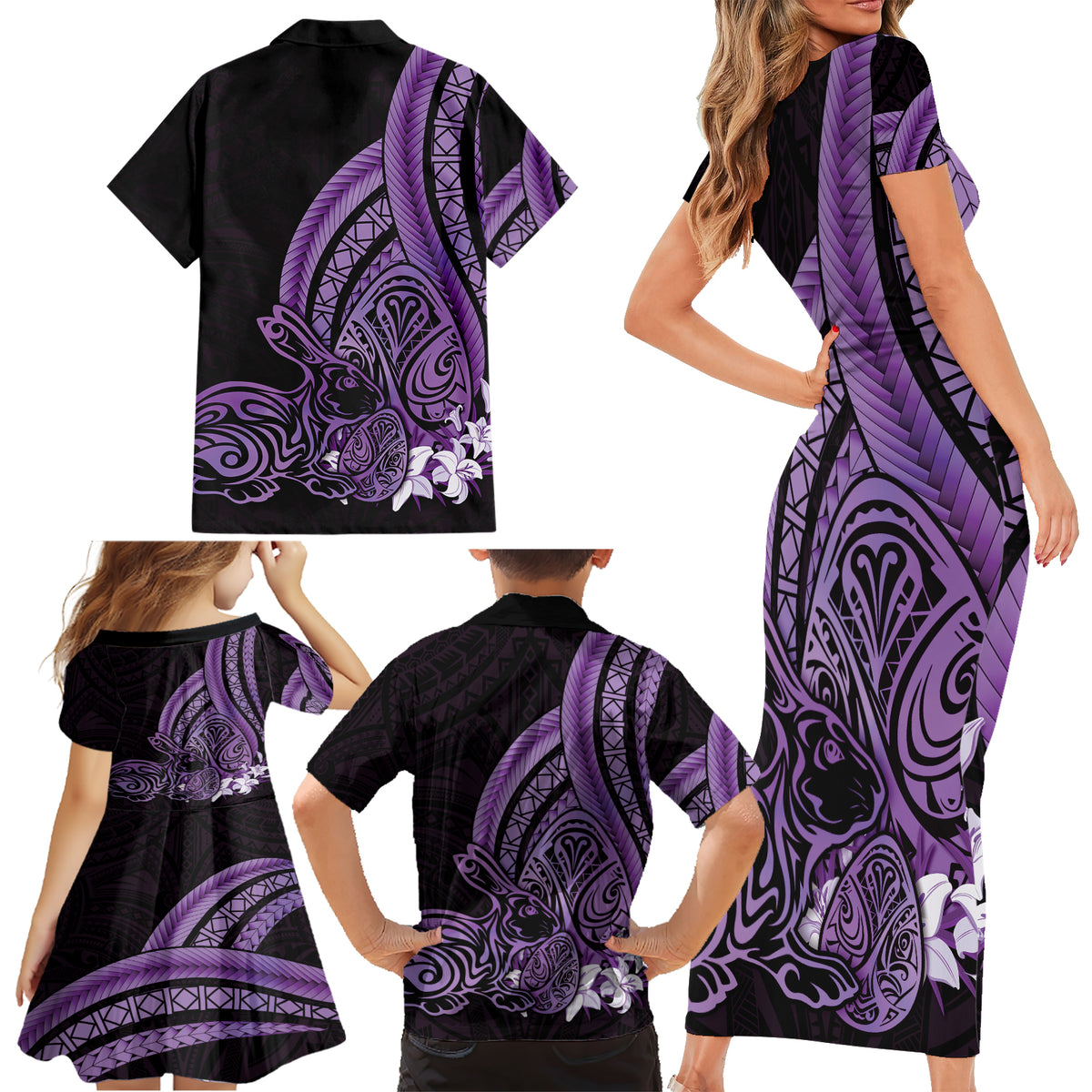 Purple Polynesia Easter Day Family Matching Short Sleeve Bodycon Dress and Hawaiian Shirt Eggs With Bunny Polynesian Pattern LT14 - Polynesian Pride