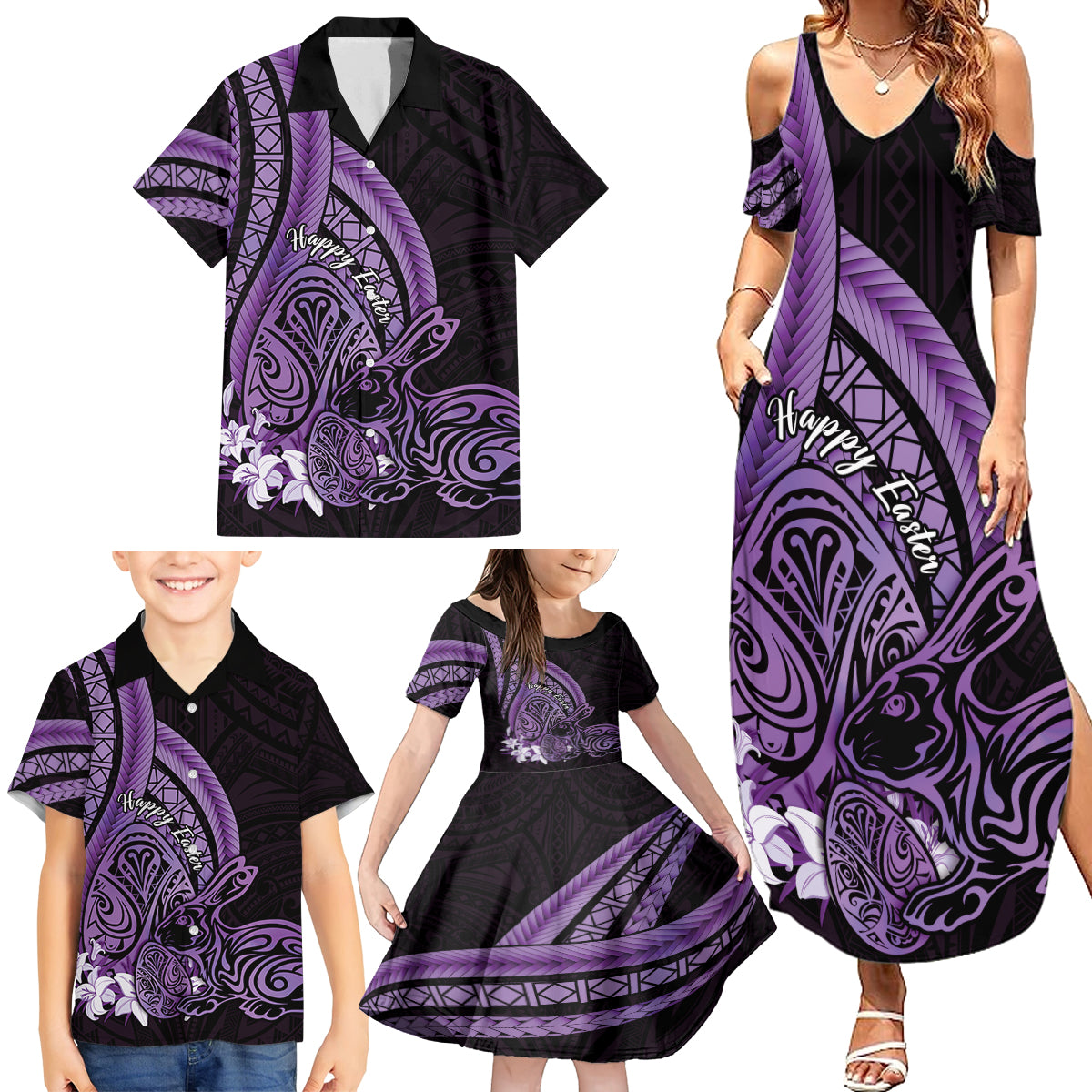 Purple Polynesia Easter Day Family Matching Summer Maxi Dress and Hawaiian Shirt Eggs With Bunny Polynesian Pattern LT14 - Polynesian Pride