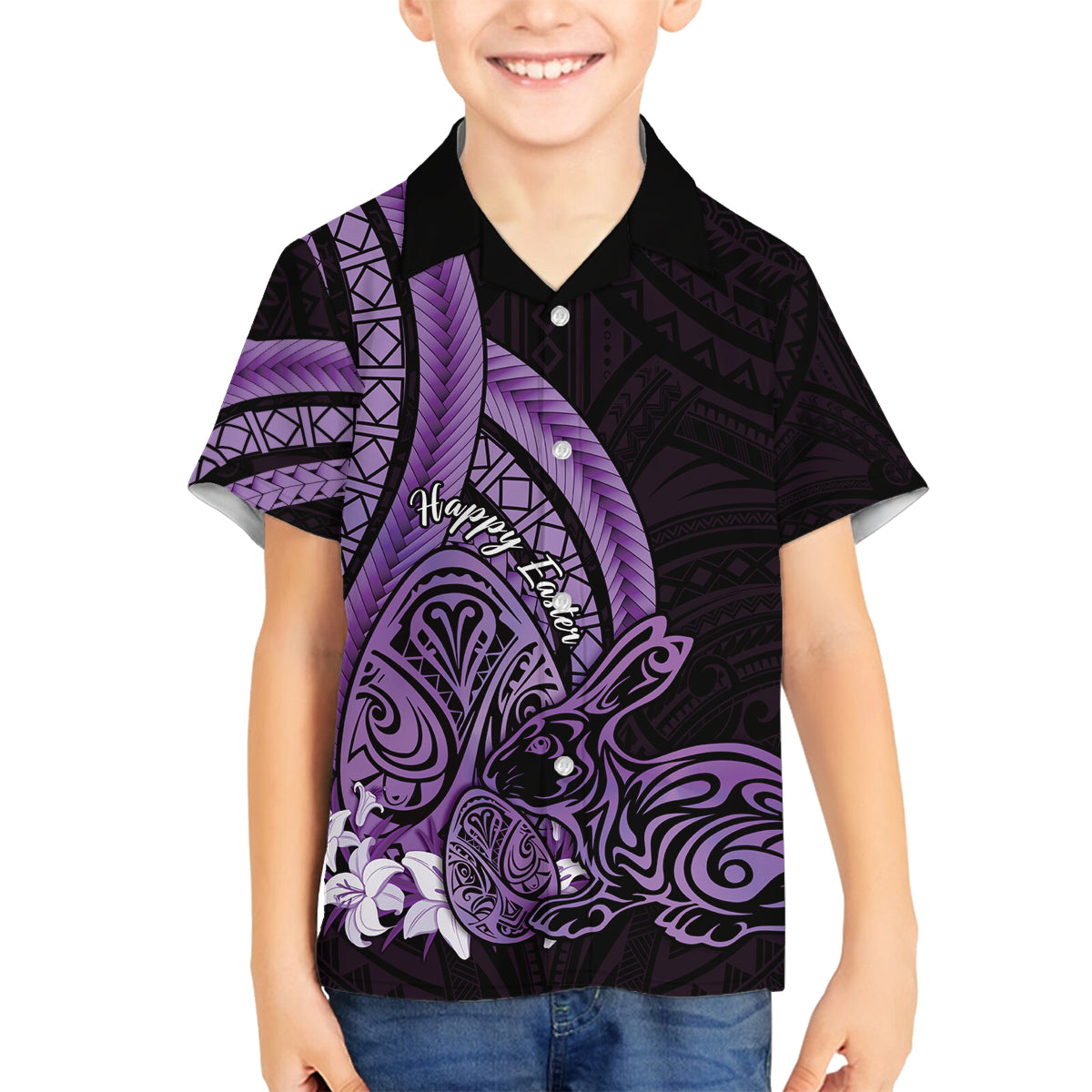 Purple Polynesia Easter Day Family Matching Tank Maxi Dress and Hawaiian Shirt Eggs With Bunny Polynesian Pattern