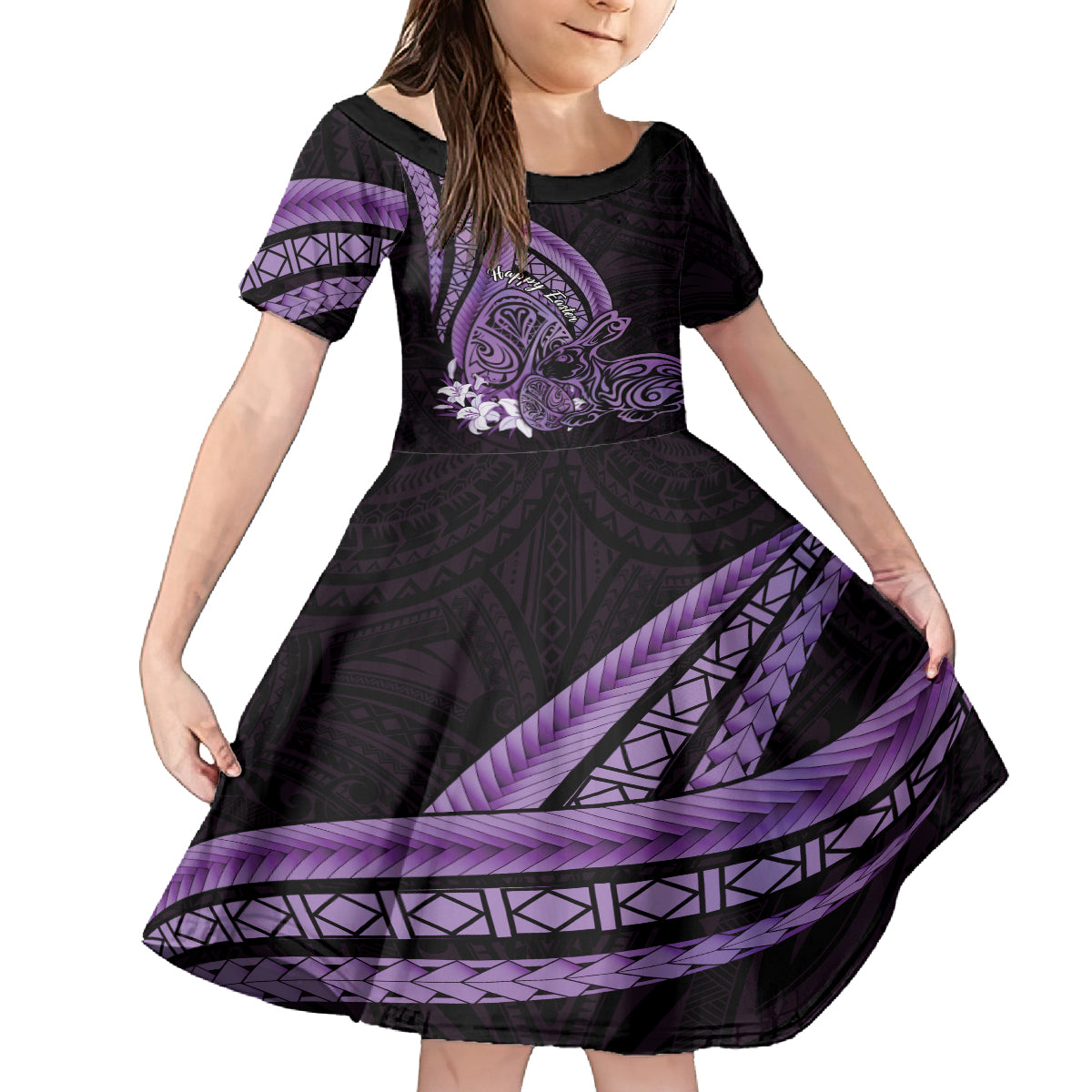 Purple Polynesia Easter Day Kid Short Sleeve Dress Eggs With Bunny Polynesian Pattern