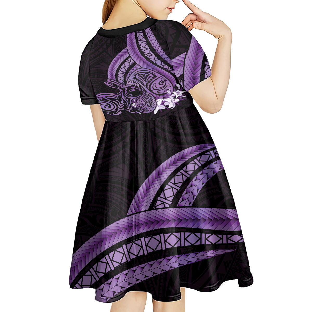 Purple Polynesia Easter Day Kid Short Sleeve Dress Eggs With Bunny Polynesian Pattern