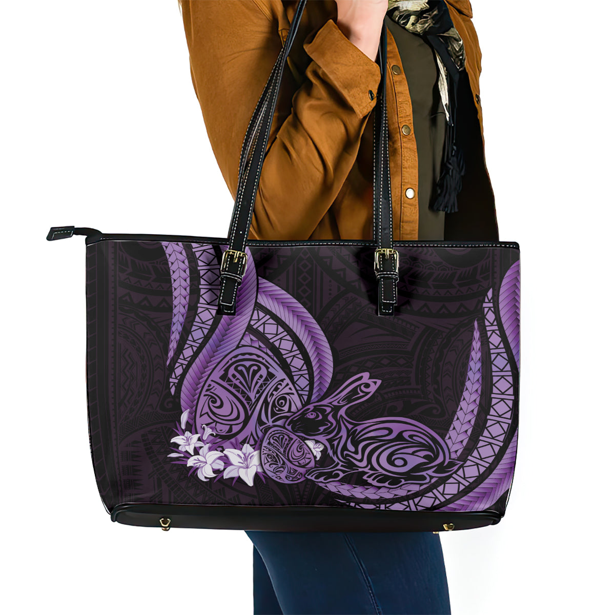 Purple Polynesia Easter Day Leather Tote Bag Eggs With Bunny Polynesian Pattern LT14 - Polynesian Pride