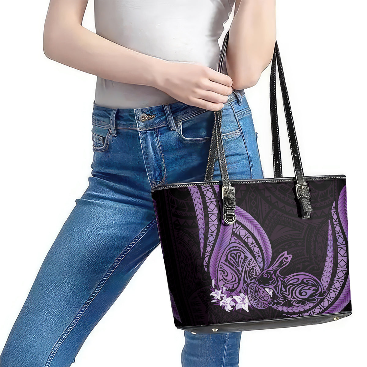 Purple Polynesia Easter Day Leather Tote Bag Eggs With Bunny Polynesian Pattern LT14 - Polynesian Pride