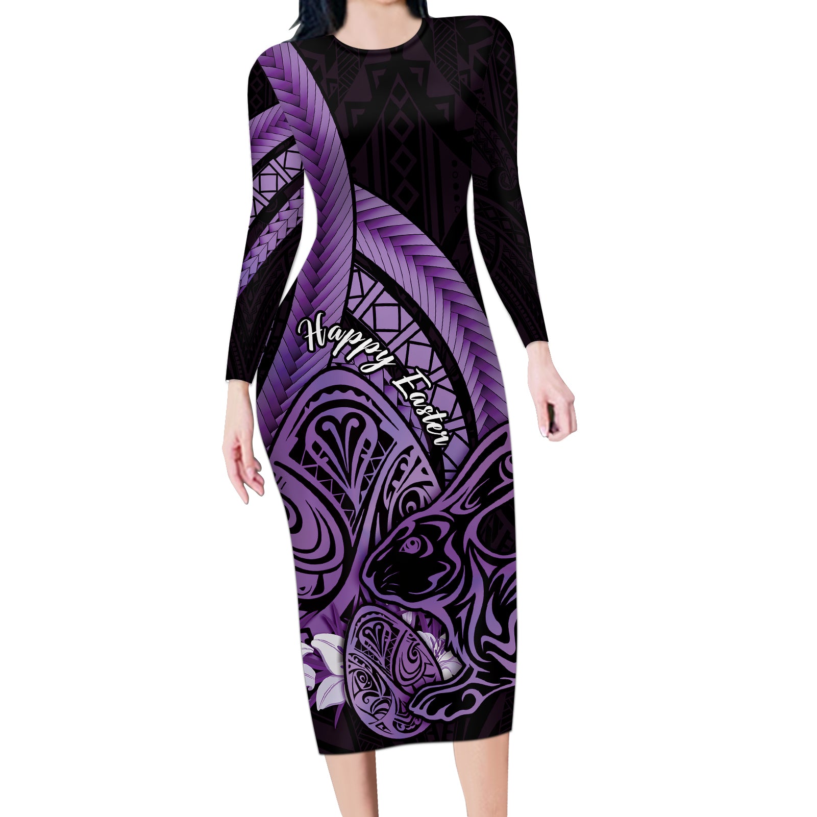 Purple Polynesia Easter Day Long Sleeve Bodycon Dress Eggs With Bunny Polynesian Pattern