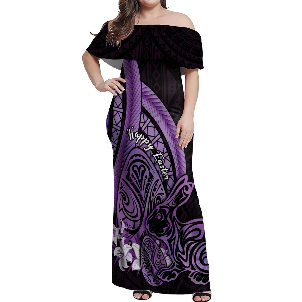 Purple Polynesia Easter Day Off Shoulder Maxi Dress Eggs With Bunny Polynesian Pattern LT14 Women Purple - Polynesian Pride
