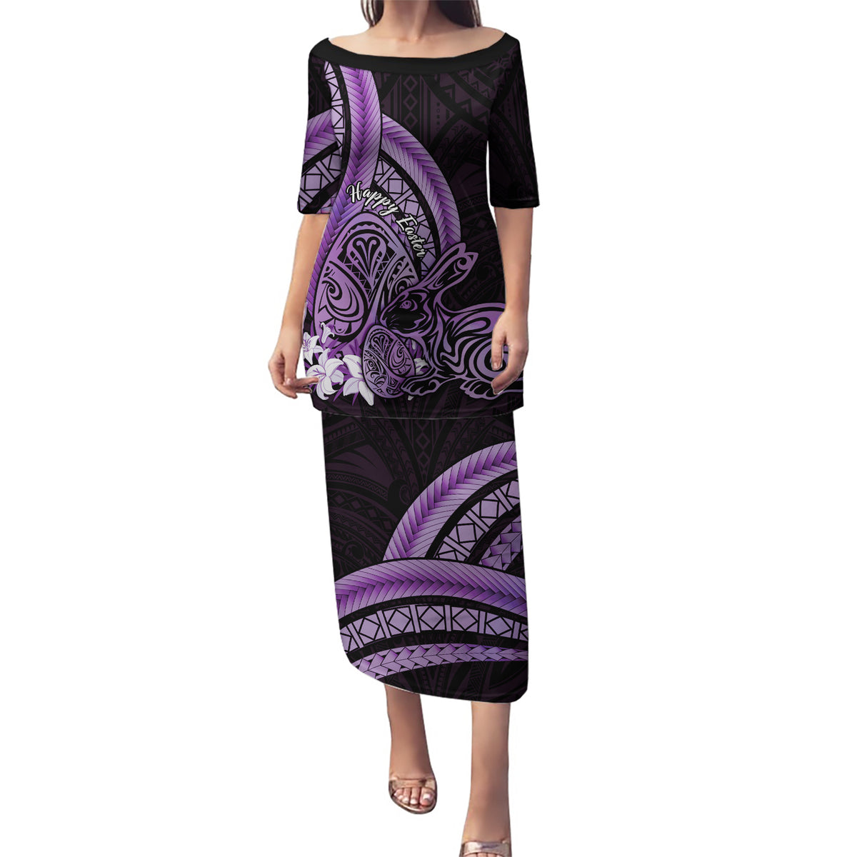 Purple Polynesia Easter Day Puletasi Eggs With Bunny Polynesian Pattern LT14 Long Dress Purple - Polynesian Pride