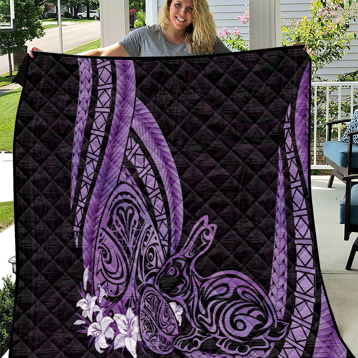 Purple Polynesia Easter Day Quilt Eggs With Bunny Polynesian Pattern