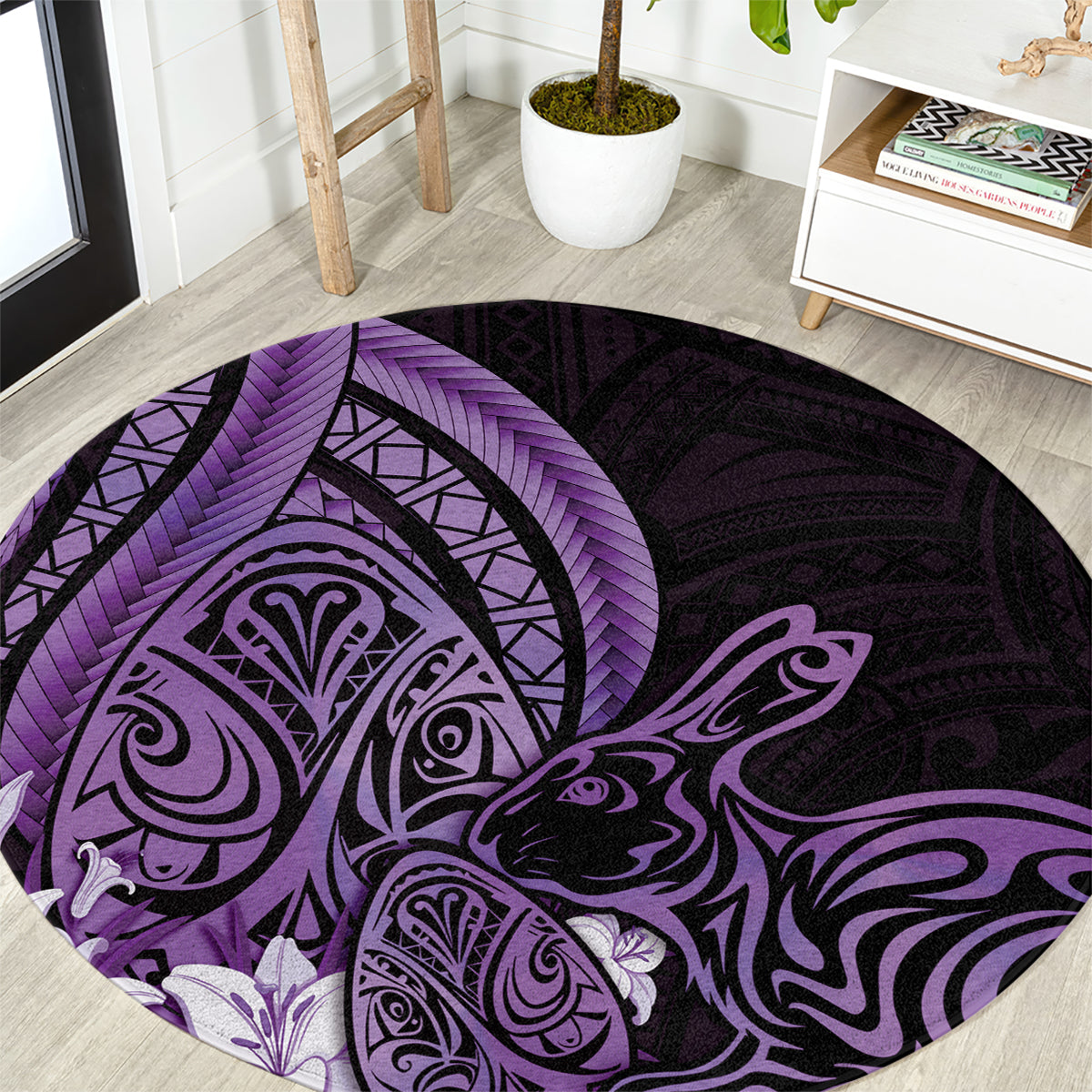 Purple Polynesia Easter Day Round Carpet Eggs With Bunny Polynesian Pattern