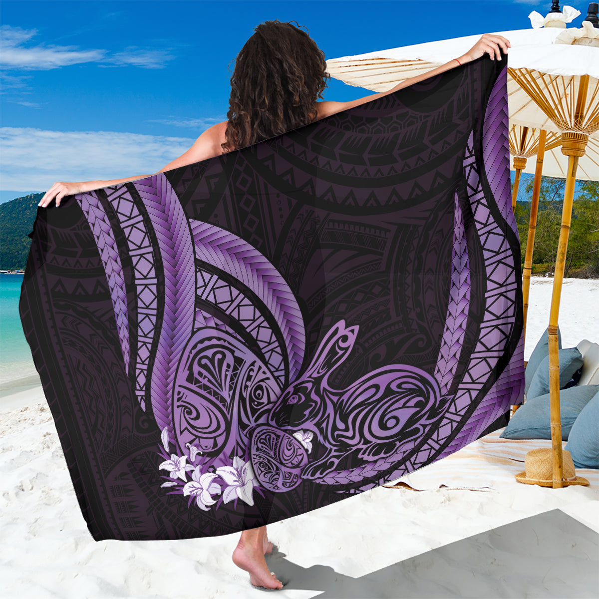 Purple Polynesia Easter Day Sarong Eggs With Bunny Polynesian Pattern