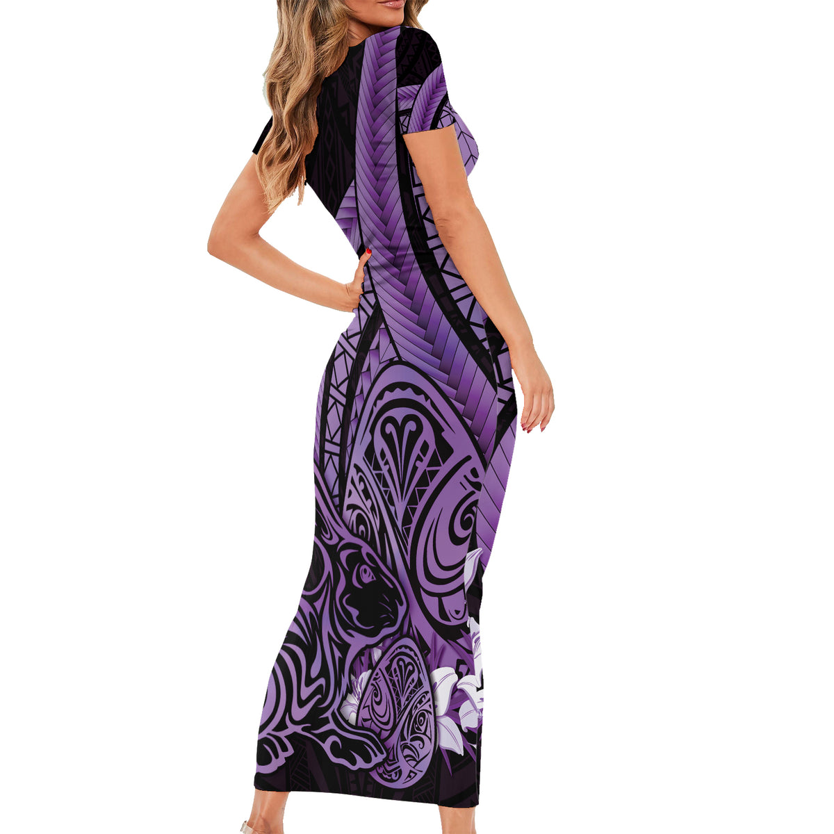 Purple Polynesia Easter Day Short Sleeve Bodycon Dress Eggs With Bunny Polynesian Pattern