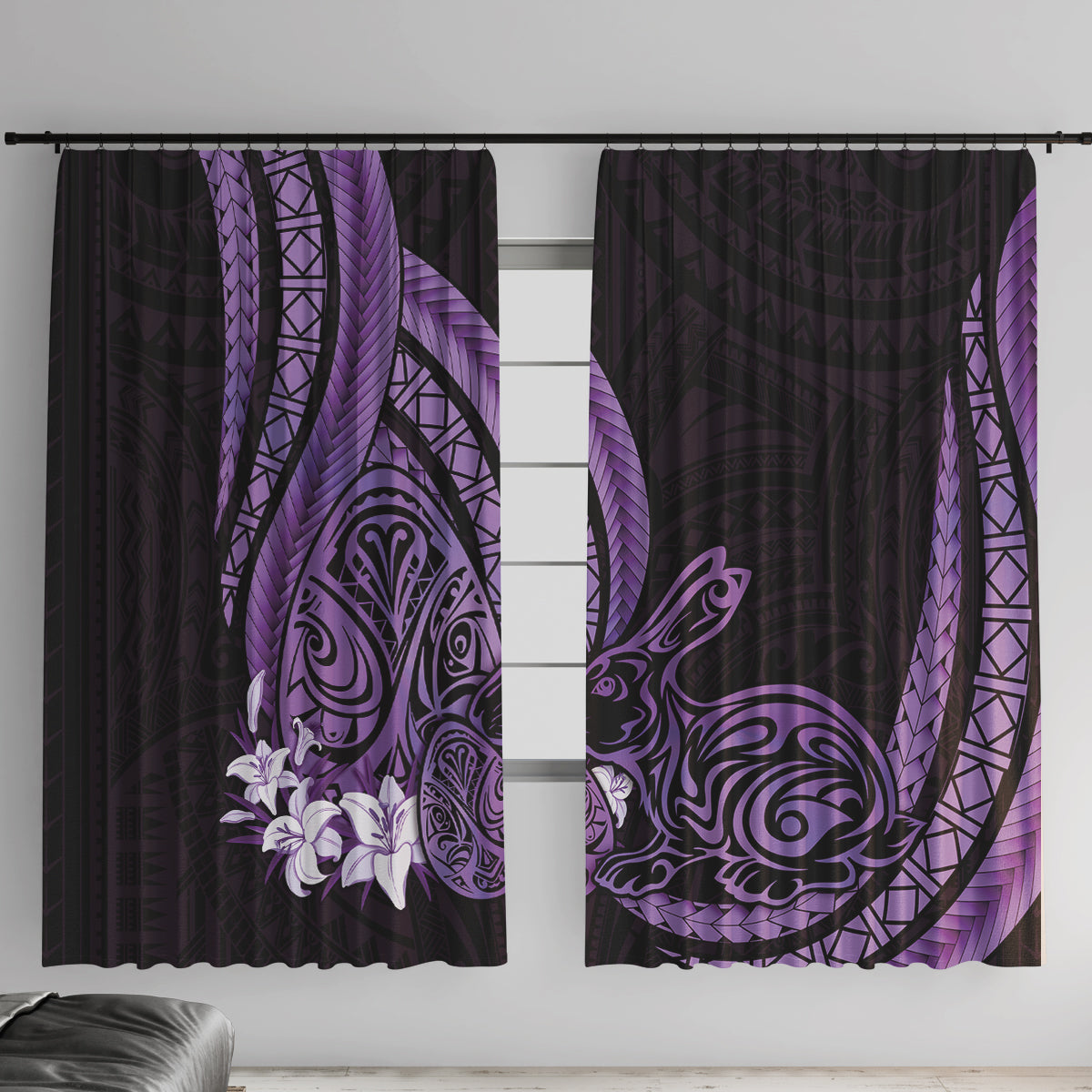 Purple Polynesia Easter Day Window Curtain Eggs With Bunny Polynesian Pattern