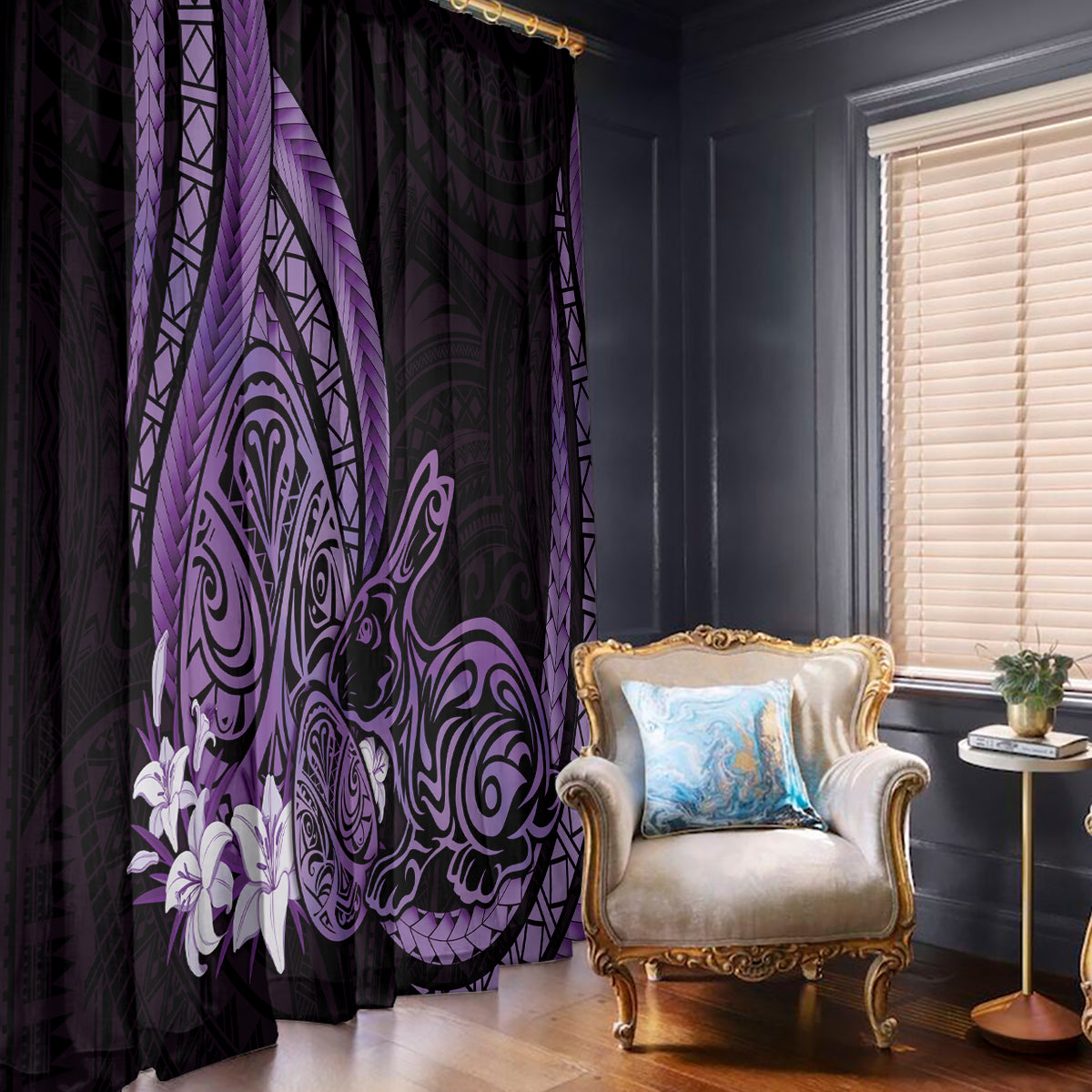 Purple Polynesia Easter Day Window Curtain Eggs With Bunny Polynesian Pattern LT14 - Polynesian Pride